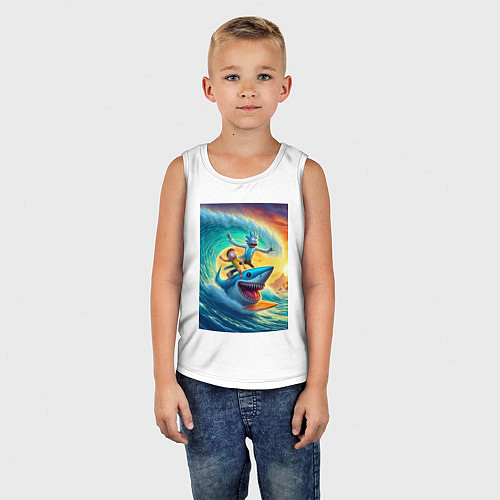 Детская майка Рик и Морти - сёрфинг на акуле / Белый – фото 5
