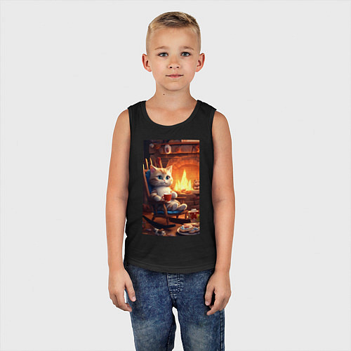 Детская майка Уютный кот у камина с чашкой какао / Черный – фото 5