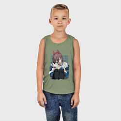 Майка детская хлопок Человек-бензопила Пауэр и кошка, цвет: авокадо — фото 2