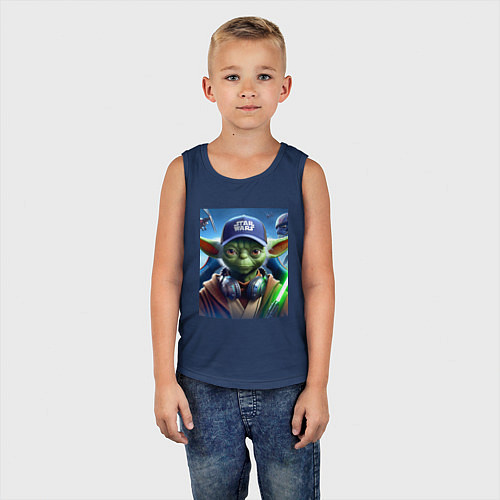 Детская майка Прикольный Йода с наушниками - прикол / Тёмно-синий – фото 5