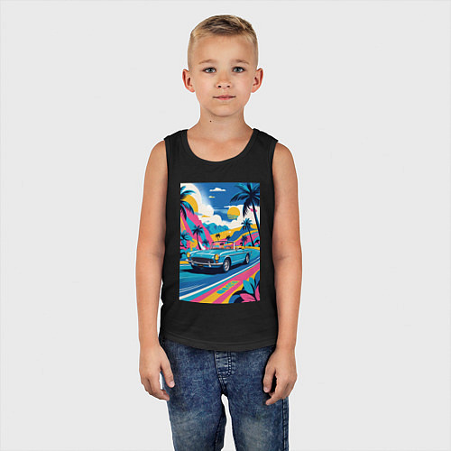 Детская майка Кабриолет едет по тропическому острову / Черный – фото 5