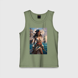 Майка детская хлопок Пиратка на фона флотилии кораблей, цвет: авокадо