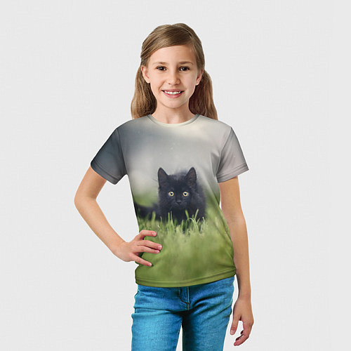 Детская футболка Черный кот на лугу / 3D-принт – фото 5