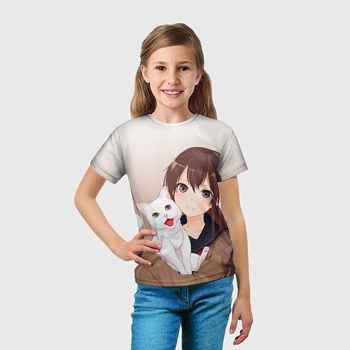 Детская футболка Девочка и белый кот аниме / 3D-принт – фото 5