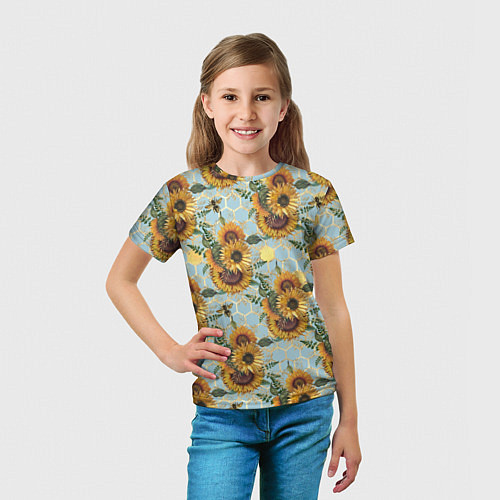 Детская футболка Подсолнухи и пчёлы на голубом / 3D-принт – фото 5