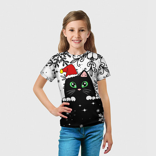 Детская футболка Новогодний кот в колпаке Санты / 3D-принт – фото 5