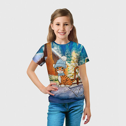 Детская футболка Тигренок на фоне зимнего дома / 3D-принт – фото 5