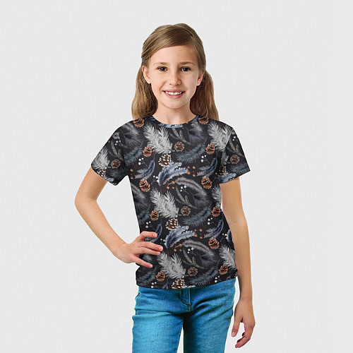 Детская футболка Узор из еловых веток и шишек Акварельный рисунок / 3D-принт – фото 5
