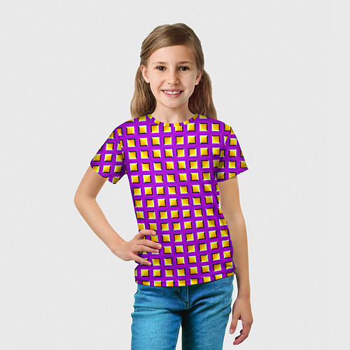 Детская футболка Фиолетовый Фон с Желтыми Квадратами Иллюзия Движен / 3D-принт – фото 5