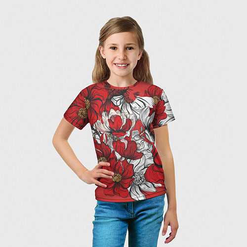 Детская футболка Цветы на алом фоне / 3D-принт – фото 5