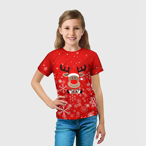 Детская футболка Снежинки летящие и Олень с подарком / 3D-принт – фото 5