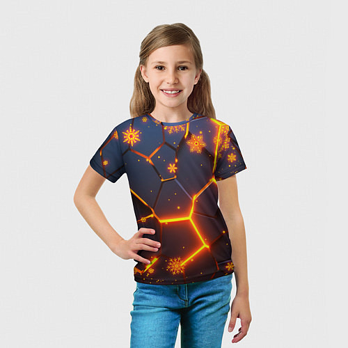 Детская футболка НОВОГОДНИЕ ОГНЕННЫЕ 3D ПЛИТЫ FIRE NEON HEXAGON / 3D-принт – фото 5