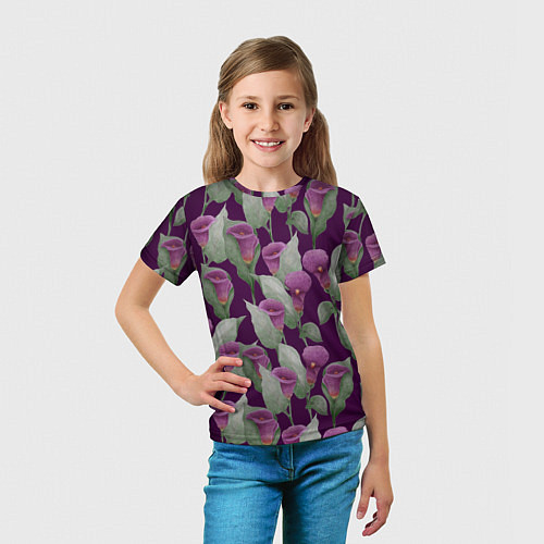 Детская футболка Фиолетовые каллы на темно фиолетовом фоне / 3D-принт – фото 5