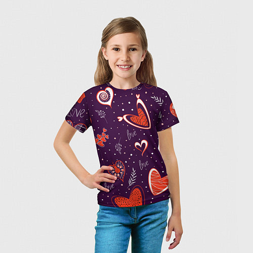 Детская футболка Красно-белые сердечки и слово love на темно фиолет / 3D-принт – фото 5