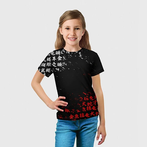 Детская футболка КРАСНО БЕЛЫЕ ИЕРОГЛИФЫ ЯПОНИЯ БРЫЗГИ / 3D-принт – фото 5
