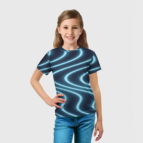 Детская футболка Неоновый свет Волны голубые на темном фоне / 3D-принт – фото 5