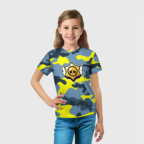Детская футболка Brawl Stars Череп Камуфляж Жёлто-Голубой / 3D-принт – фото 5