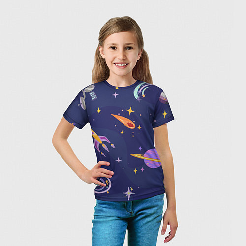 Детская футболка Космический дизайн с планетами, звёздами и ракетам / 3D-принт – фото 5