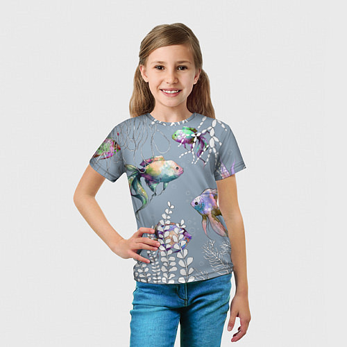 Детская футболка Разноцветные акварельные рыбки и белые водоросли / 3D-принт – фото 5