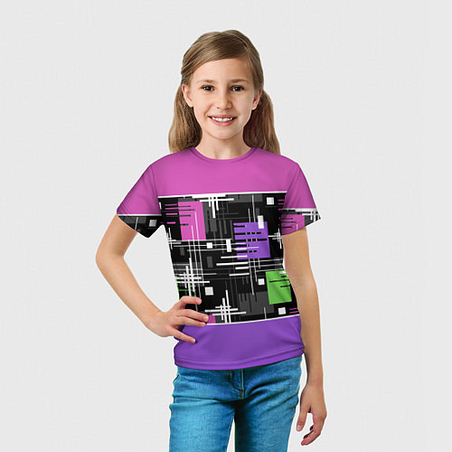 Детская футболка Розово-фиолетовый геометрические фигуры и полосы / 3D-принт – фото 5
