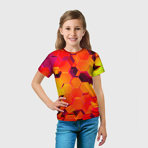 Детская футболка НЕОНОВЫЕ ГРАДИЕНТНЫЕ 3D гексаэдры / 3D-принт – фото 5