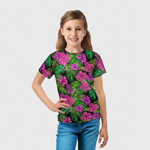 Детская футболка Тропические листья и цветы на черном фоне / 3D-принт – фото 5