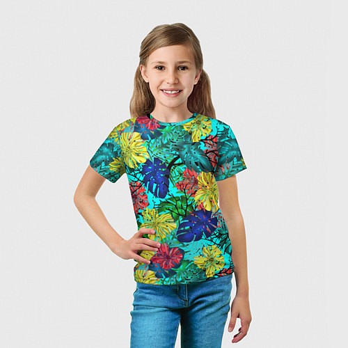 Детская футболка Тропические растения на бирюзовом фоне / 3D-принт – фото 5