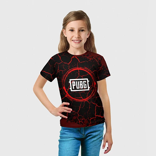 Детская футболка Символ PUBG и краска вокруг на темном фоне / 3D-принт – фото 5