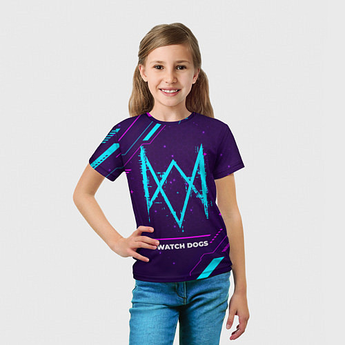 Детская футболка Символ Watch Dogs в неоновых цветах на темном фоне / 3D-принт – фото 5