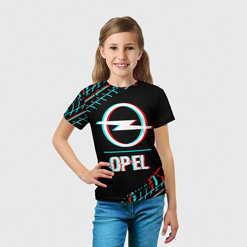 Детская футболка Значок Opel в стиле Glitch на темном фоне / 3D-принт – фото 5