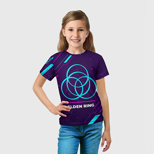 Детская футболка Символ Elden Ring в неоновых цветах на темном фоне / 3D-принт – фото 5