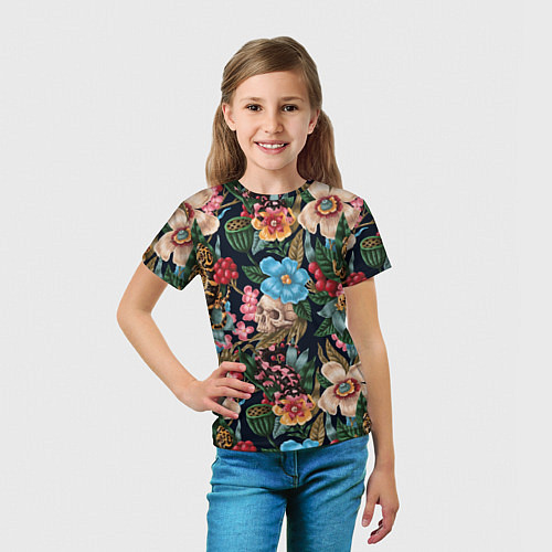 Детская футболка Паттерн из цветов, черепов и саламандр / 3D-принт – фото 5