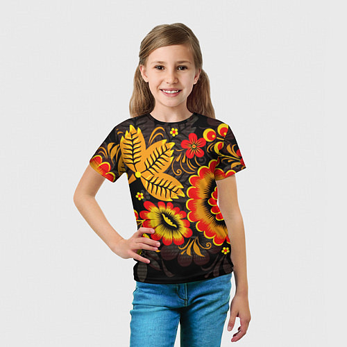 Детская футболка Хохломская Роспись Цветы На Тёмном Фоне / 3D-принт – фото 5