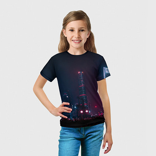Детская футболка Неоновый ночной город - Тёмно-розовый / 3D-принт – фото 5