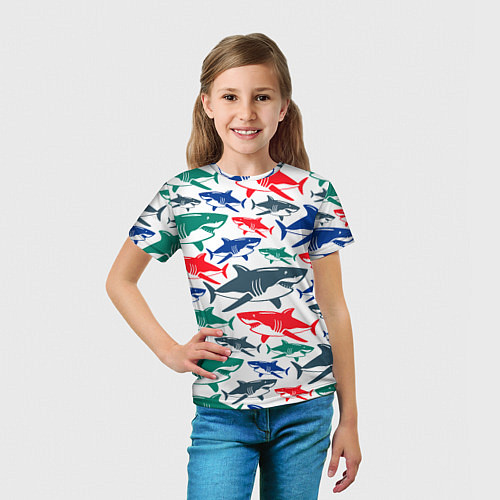 Детская футболка Стая разноцветных акул - паттерн / 3D-принт – фото 5