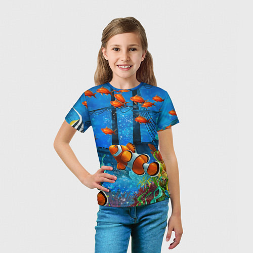 Детская футболка Затонувший корабль в окружении обитателей океана / 3D-принт – фото 5