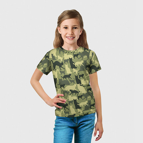 Детская футболка Кошачий камуфляж в зеленой гамме / 3D-принт – фото 5