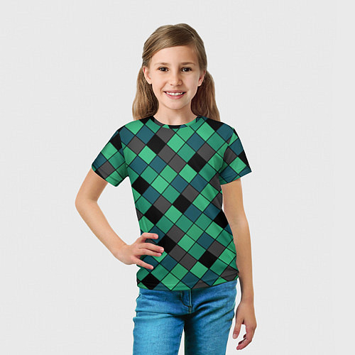 Детская футболка Зеленый клетчатый узор Изумрудный / 3D-принт – фото 5