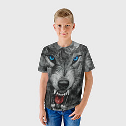 Футболка детская Агрессивный волк с синими глазами, цвет: 3D-принт — фото 2