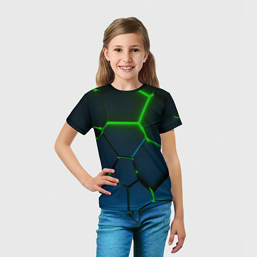 Детская футболка Разлом зеленых неоновых плит - геометрия / 3D-принт – фото 5