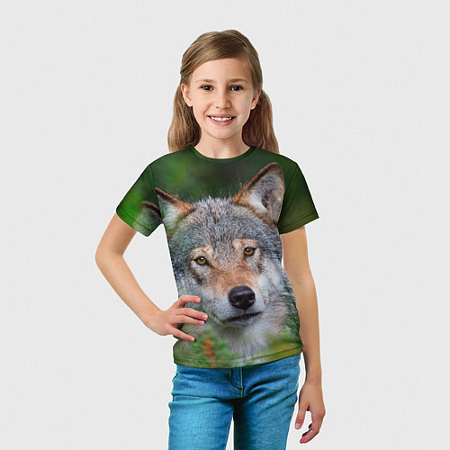 Детская футболка Волк на фоне зелени / 3D-принт – фото 5