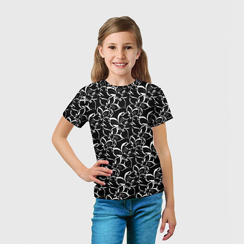 Детская футболка Черно-белый цветочный узор / 3D-принт – фото 5