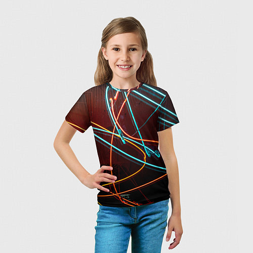 Детская футболка Неоновые лучи на тёмной поверхности / 3D-принт – фото 5