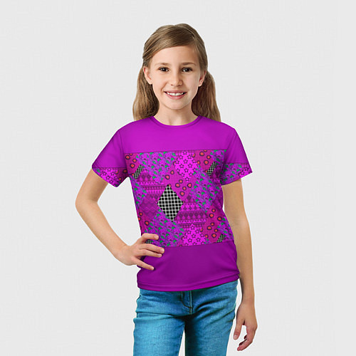 Детская футболка Малиновый комбинированный узор пэчворк / 3D-принт – фото 5