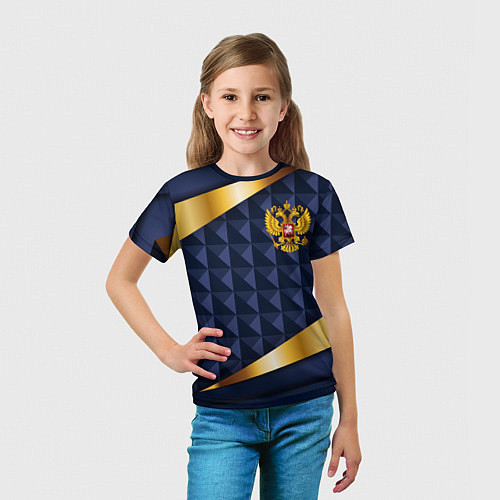Детская футболка Золотой герб России на объемном синим фоне / 3D-принт – фото 5