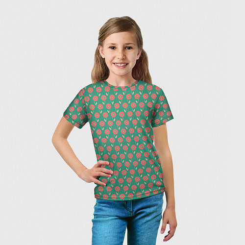 Детская футболка Паттерн из цветов на зеленом фоне / 3D-принт – фото 5