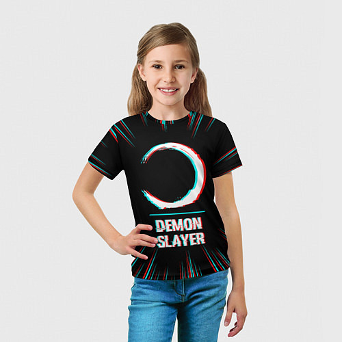 Детская футболка Символ Demon Slayer в стиле glitch на темном фоне / 3D-принт – фото 5