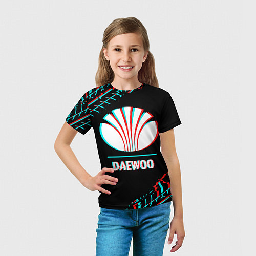 Детская футболка Значок Daewoo в стиле glitch на темном фоне / 3D-принт – фото 5