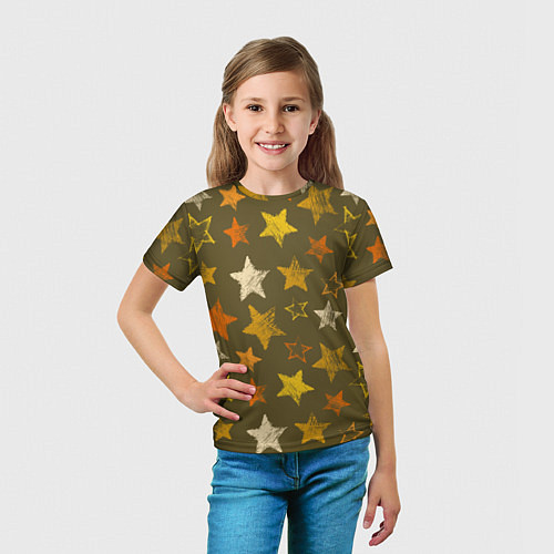 Детская футболка Желто-оранжевые звезды на зелнгом фоне / 3D-принт – фото 5