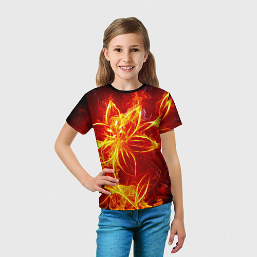 Детская футболка Цветок из огня на чёрном фоне / 3D-принт – фото 5